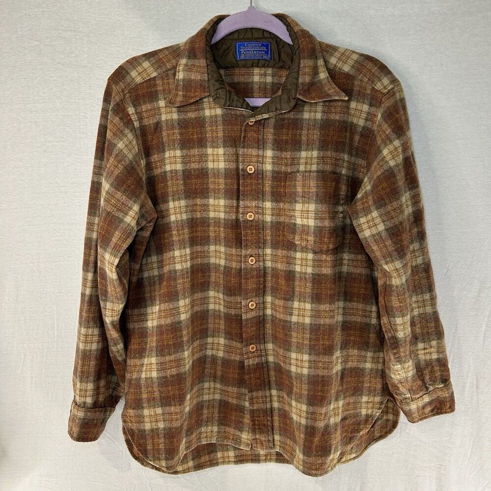 VTG Pendleton Country Traditionals 100% Wool Brown Plaid Lined Shirt Mens L/XL